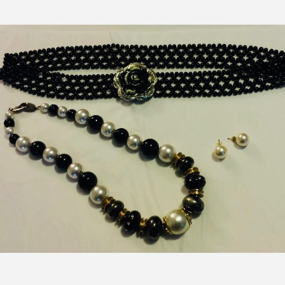 VINTAGE BEADED PEARL NECKLACE, EARRINGS With BELT - Picture 2 of 3